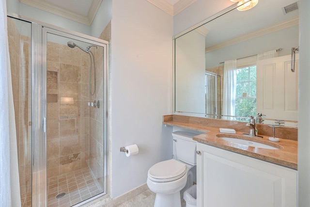 bathroom with a shower with shower door, crown molding, toilet, and vanity