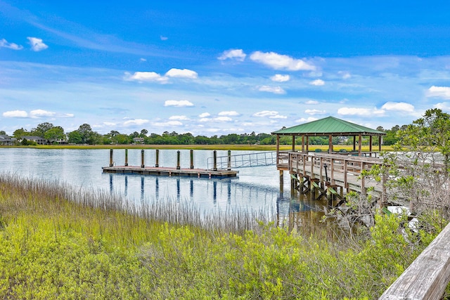 view of dock with a water view and a gazebo