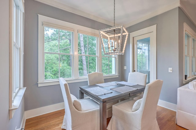 dining area featuring plenty of natural light, a chandelier, and hardwood / wood-style flooring