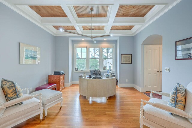 home office with ornamental molding, coffered ceiling, and light wood-type flooring