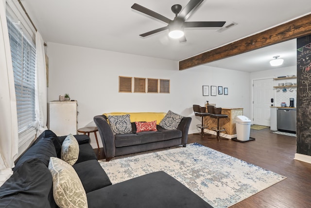 4619 Jenkins Ave Unit 1-4, North Charleston, SC 29405 - living room featuring wood finished floors, ceiling fan, beam ceiling, and baseboards