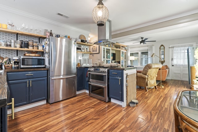 4619 Jenkins Ave Unit 1-4, North Charleston, SC 29405 - kitchen featuring appliances with stainless steel finishes, blue cabinets, open shelves, island exhaust hood, and a peninsula