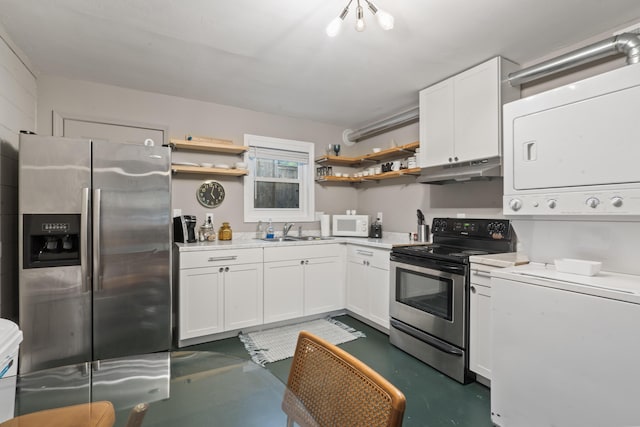 4619 Jenkins Ave Unit 1-4, North Charleston, SC 29405 - kitchen with appliances with stainless steel finishes, stacked washer / drying machine, open shelves, under cabinet range hood, and a sink