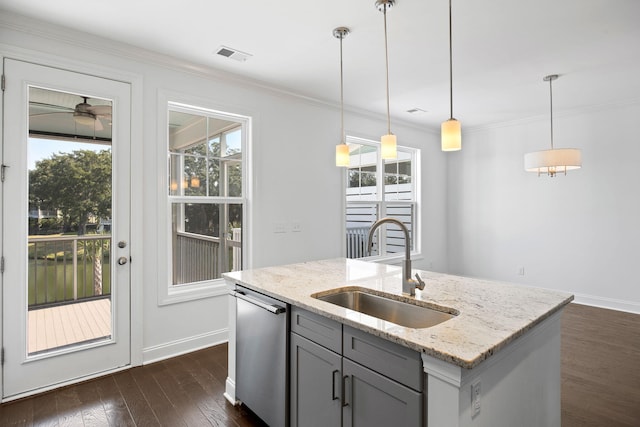 kitchen featuring sink, gray cabinetry, light stone counters, dishwasher, and pendant lighting