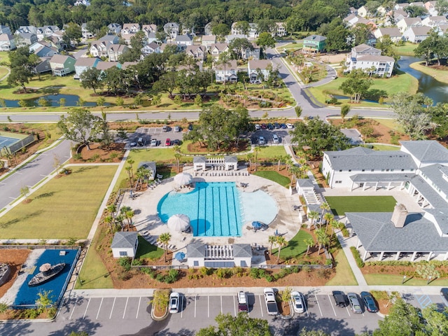 bird's eye view with a water view