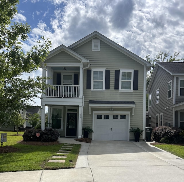 view of front of home featuring a balcony, a garage, concrete driveway, and a front yard