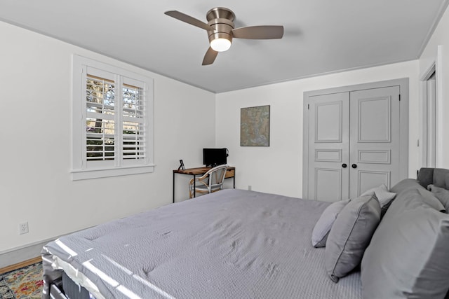 bedroom with ceiling fan and a closet