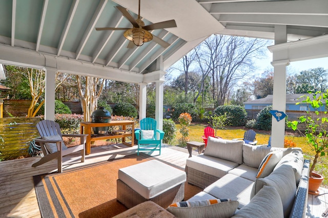 view of patio featuring ceiling fan and an outdoor living space