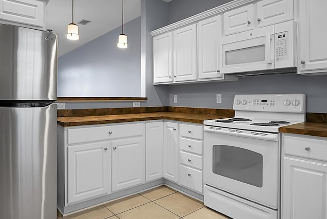 kitchen featuring butcher block counters, white appliances, decorative light fixtures, and white cabinets