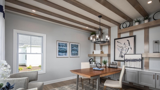 home office with an inviting chandelier, baseboards, dark wood-style flooring, and beamed ceiling