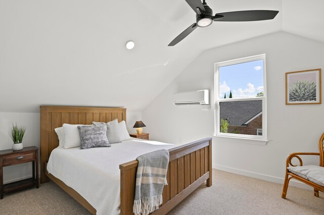 carpeted bedroom with a wall unit AC, ceiling fan, and lofted ceiling