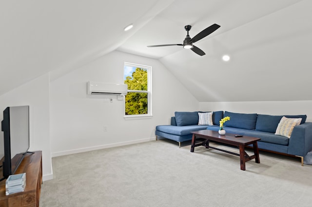 living room with light carpet, vaulted ceiling, ceiling fan, and a wall unit AC