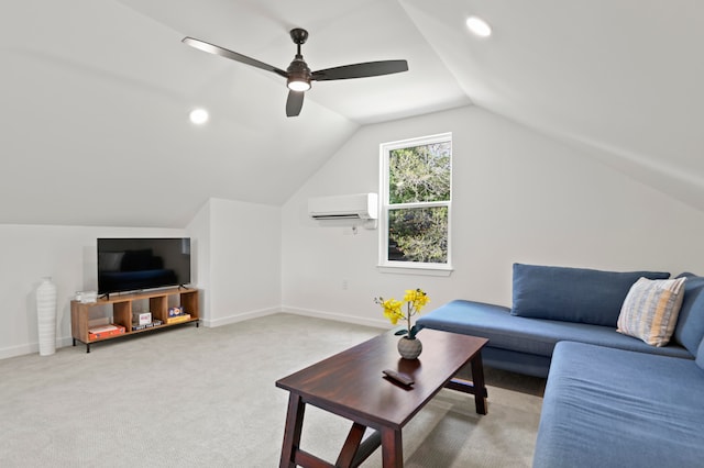 carpeted living room with ceiling fan, vaulted ceiling, and a wall mounted AC