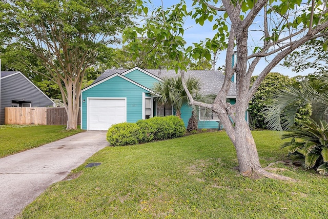ranch-style home with driveway, roof with shingles, a front yard, fence, and an attached garage