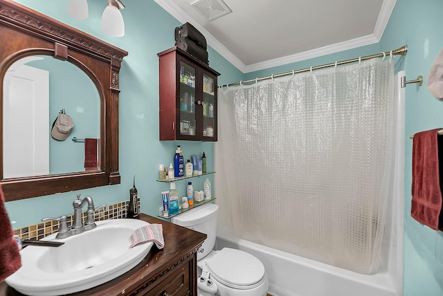 bathroom with crown molding, vanity, toilet, shower / tub combo, and visible vents