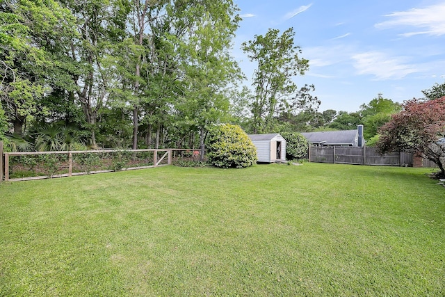 view of yard with a storage shed, an outbuilding, and a fenced backyard