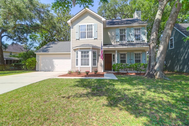 1394 Center Lake Dr, Mount Pleasant, SC 29464 - traditional home with a chimney, concrete driveway, a garage, and a front yard
