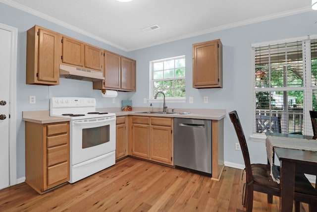 1394 Center Lake Dr, Mount Pleasant, SC 29464 - kitchen featuring stainless steel dishwasher, white range with electric cooktop, under cabinet range hood, a sink, and crown molding