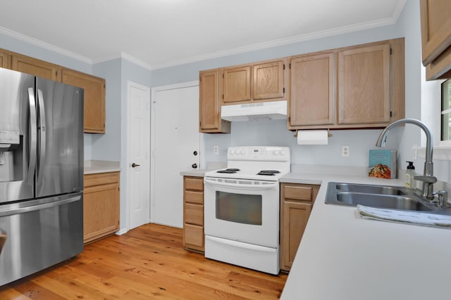 1394 Center Lake Dr, Mount Pleasant, SC 29464 - kitchen with stainless steel refrigerator with ice dispenser, white electric range oven, under cabinet range hood, a sink, and light countertops
