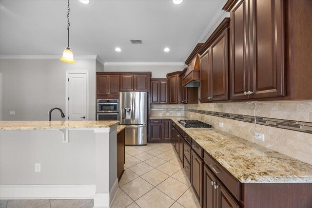 kitchen with stainless steel appliances, visible vents, dark brown cabinets, light stone countertops, and decorative light fixtures