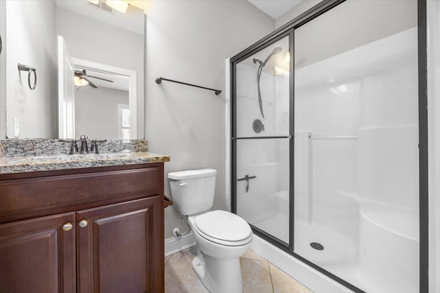 full bath with visible vents, toilet, a shower stall, vanity, and tile patterned flooring