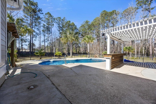 view of pool featuring a fenced in pool, a patio area, fence, and a pergola