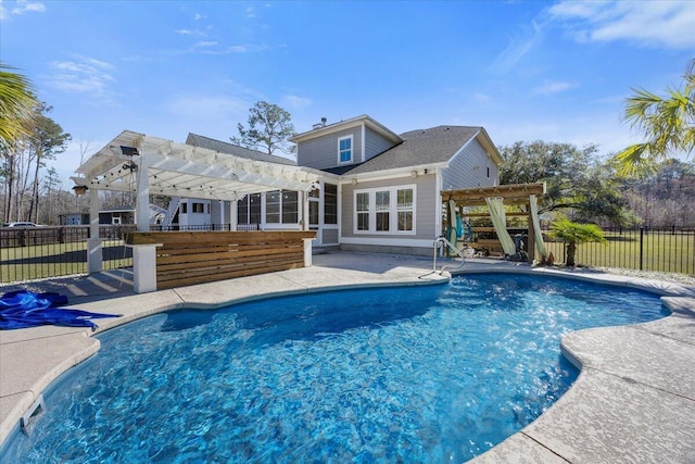 view of swimming pool with a fenced in pool, fence, and a pergola