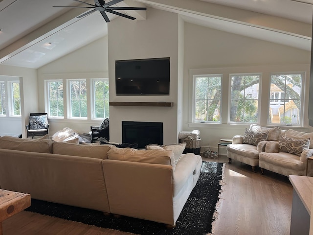 living area with plenty of natural light, vaulted ceiling with beams, wood finished floors, and a fireplace