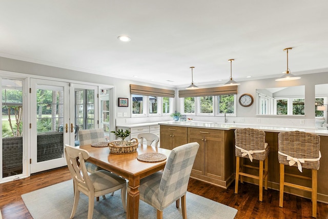 dining room with french doors, dark wood finished floors, ornamental molding, and a healthy amount of sunlight