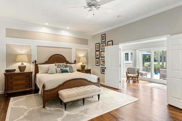 bedroom with a ceiling fan, crown molding, wood finished floors, access to outside, and recessed lighting