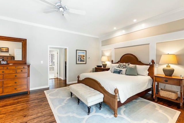 bedroom featuring ceiling fan, baseboards, ornamental molding, and dark wood-style floors