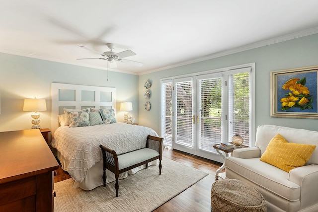 bedroom with french doors, access to exterior, wood finished floors, ceiling fan, and crown molding