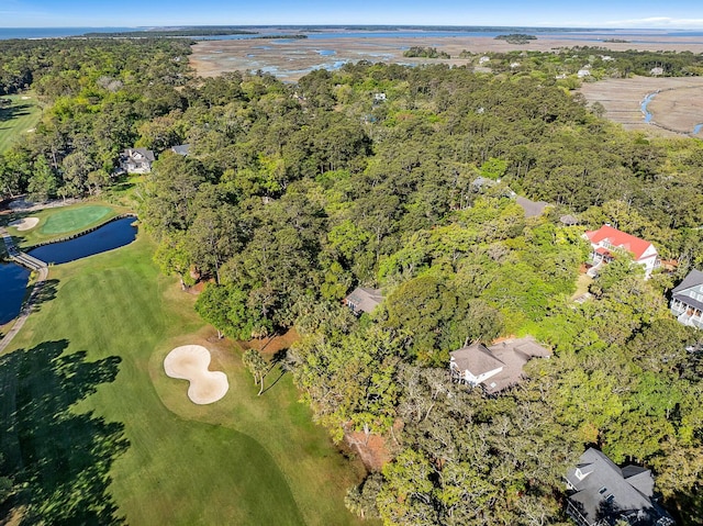 aerial view with a water view and golf course view