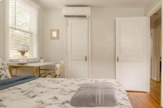 bedroom featuring light hardwood / wood-style flooring, an AC wall unit, multiple windows, and a closet