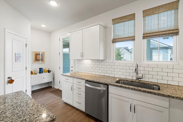 557 Blueway Ave, Summerville, SC 29486 - kitchen featuring stainless steel dishwasher, a sink, decorative backsplash, stone countertops, and recessed lighting