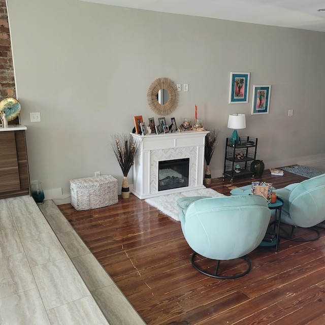 living room featuring a fireplace and wood finished floors