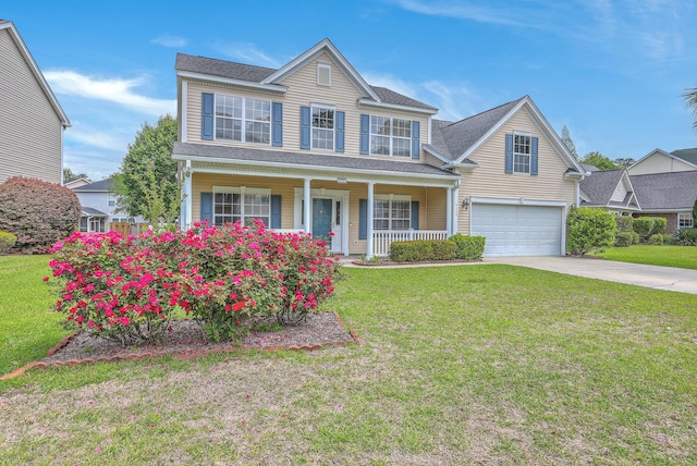 9379 Harroway Rd, Summerville, SC 29485 - view of front of house featuring a porch, an attached garage, a front lawn, and concrete driveway