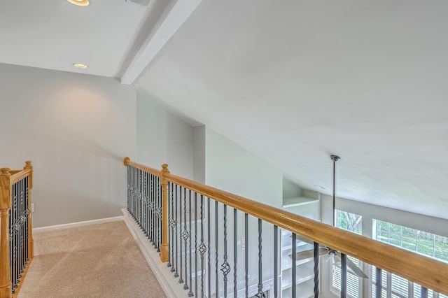9379 Harroway Rd, Summerville, SC 29485 - hall with light carpet, vaulted ceiling with beams, baseboards, recessed lighting, and an upstairs landing