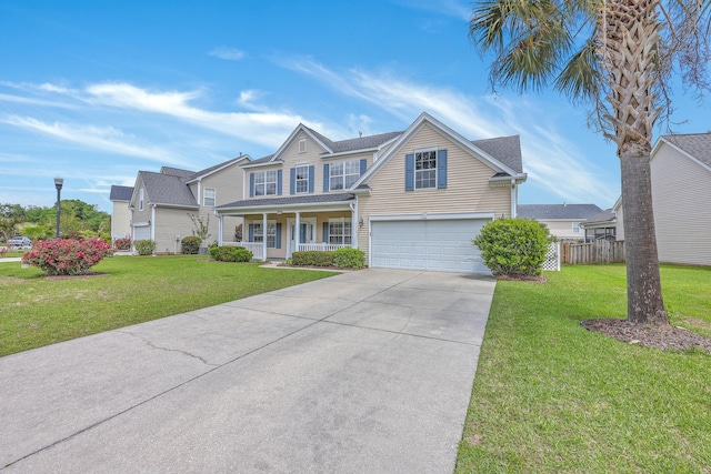 9379 Harroway Rd, Summerville, SC 29485 - traditional home featuring concrete driveway, a front lawn, an attached garage, fence, and a porch
