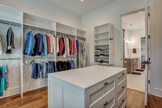 walk in closet with a sink and wood finished floors