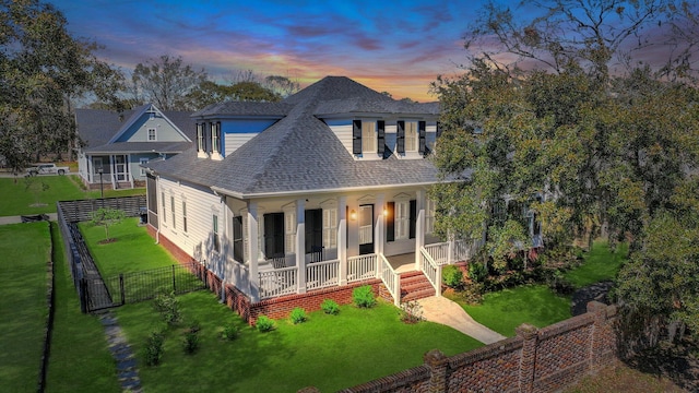 view of front of house featuring a porch, a fenced backyard, a front yard, and a shingled roof