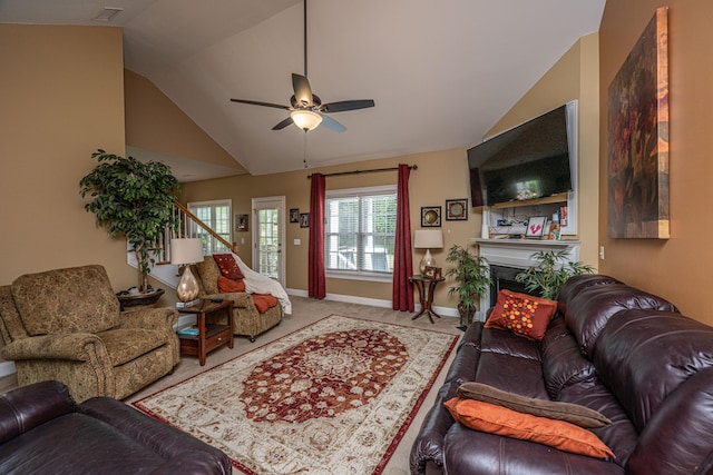 1409 Bloomingdale Ln, Mount Pleasant, SC 29466 - living area featuring vaulted ceiling, ceiling fan, carpet flooring, baseboards, and a fireplace