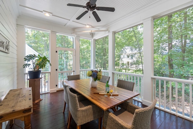 sunroom / solarium with a healthy amount of sunlight, coffered ceiling, and ceiling fan