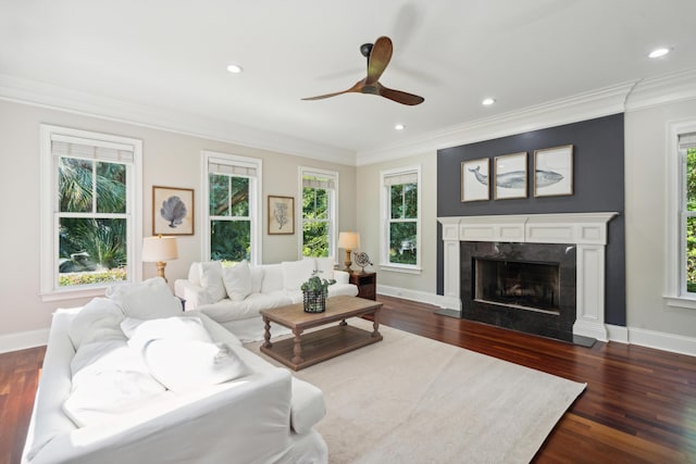 living room featuring crown molding, dark wood-type flooring, and a high end fireplace