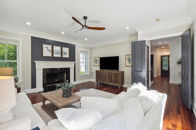 living room with crown molding, a fireplace, dark hardwood / wood-style flooring, and ceiling fan