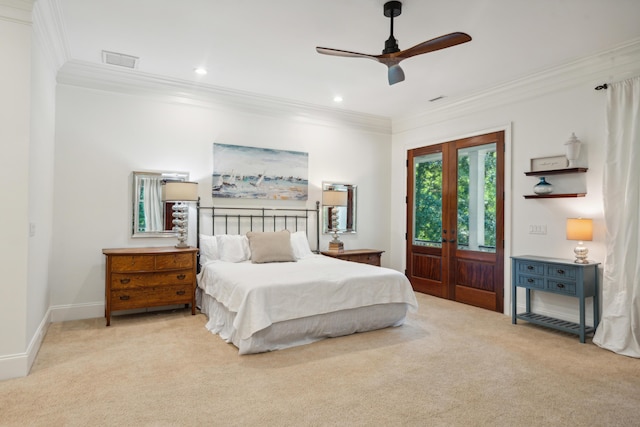 bedroom with french doors, ceiling fan, ornamental molding, and light carpet