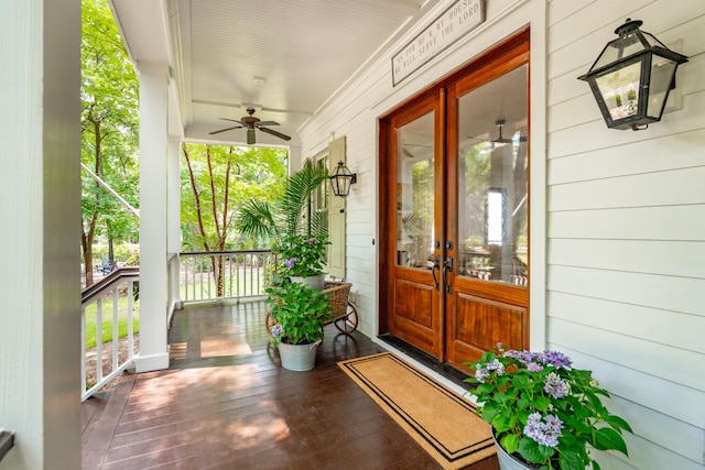 doorway to property with french doors and ceiling fan