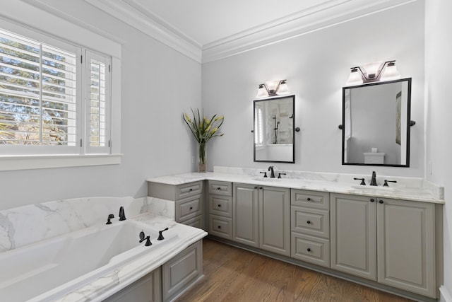 bathroom with double vanity, ornamental molding, a sink, and wood finished floors