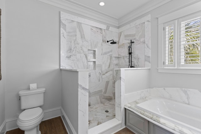 full bathroom with a marble finish shower, toilet, ornamental molding, baseboards, and a bath