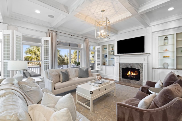 living room featuring built in features, beam ceiling, a high end fireplace, wood finished floors, and coffered ceiling